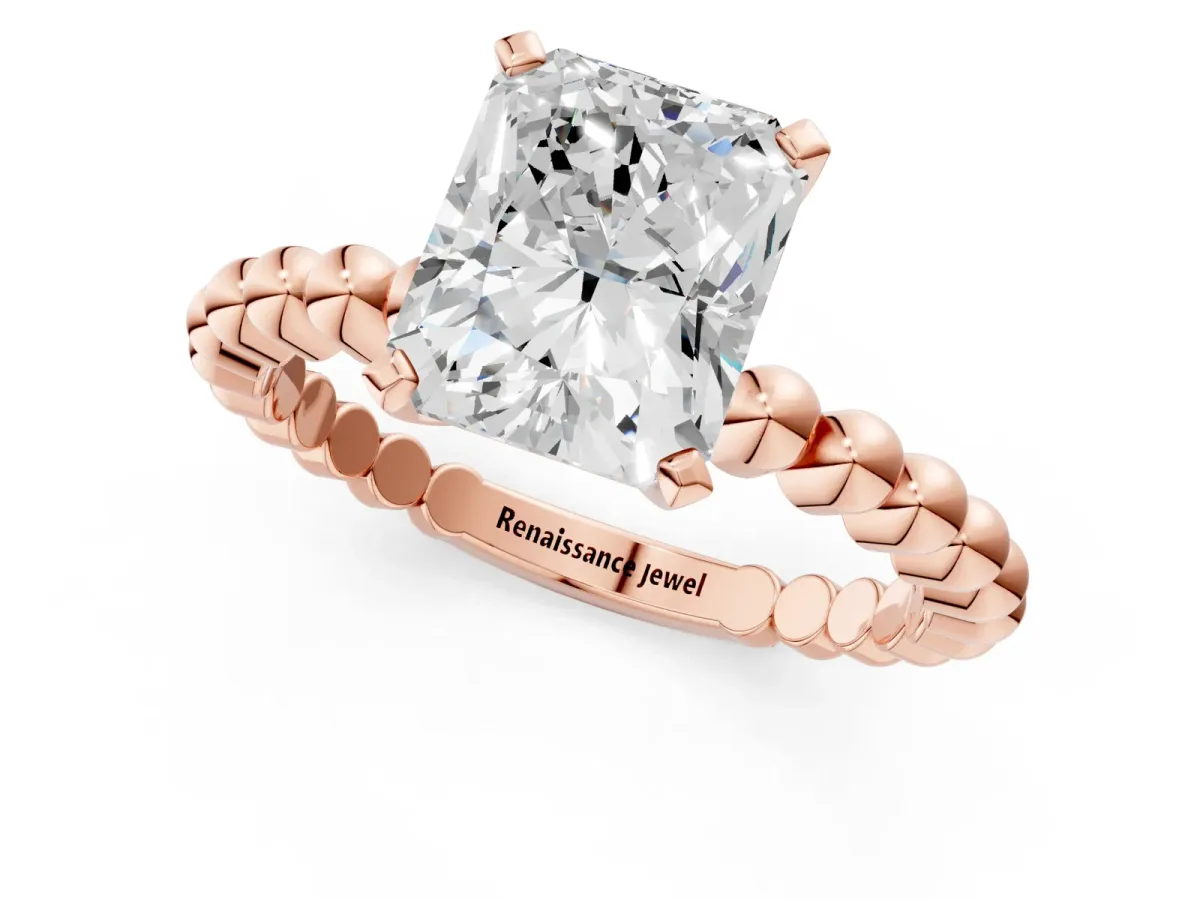 Radiant Cut Diamond Solitaire Ring with Beaded Band and Prong Setting Rose gold