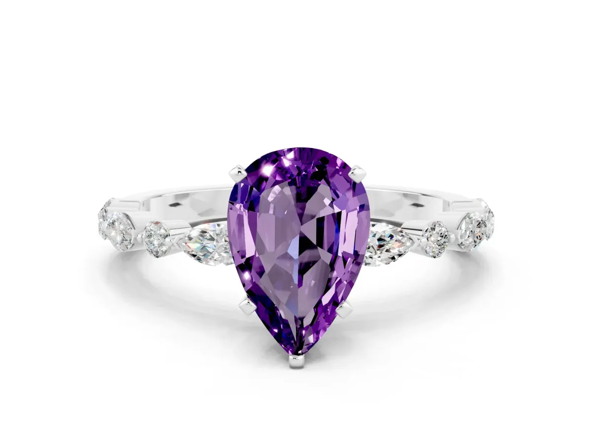 Pear Cut Amethyst Ring with Marquise and Round Side Stones and Four-Prong Setting Silver