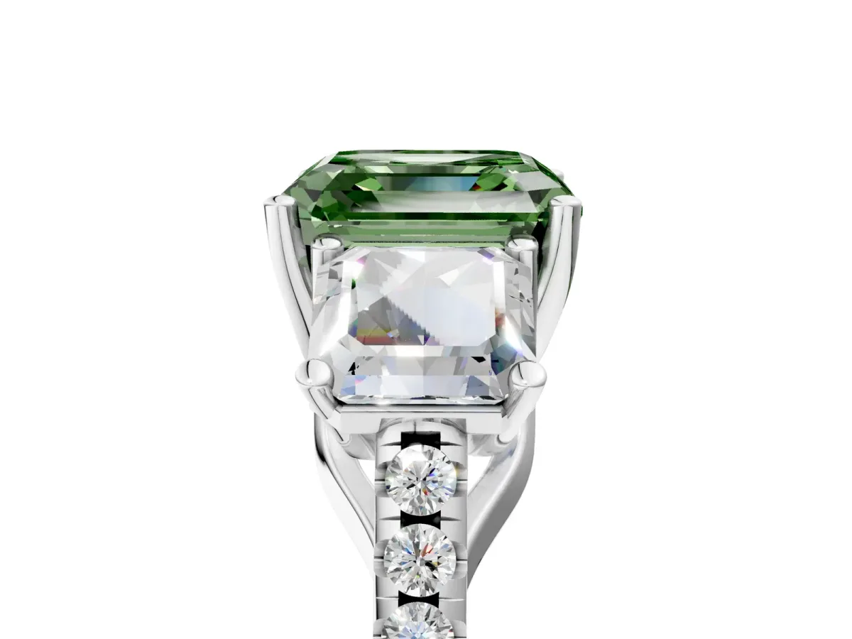 Fancy Green Three-Stone Asscher Cut Diamond Ring with Round Pavé Band and Prong Setting Silver