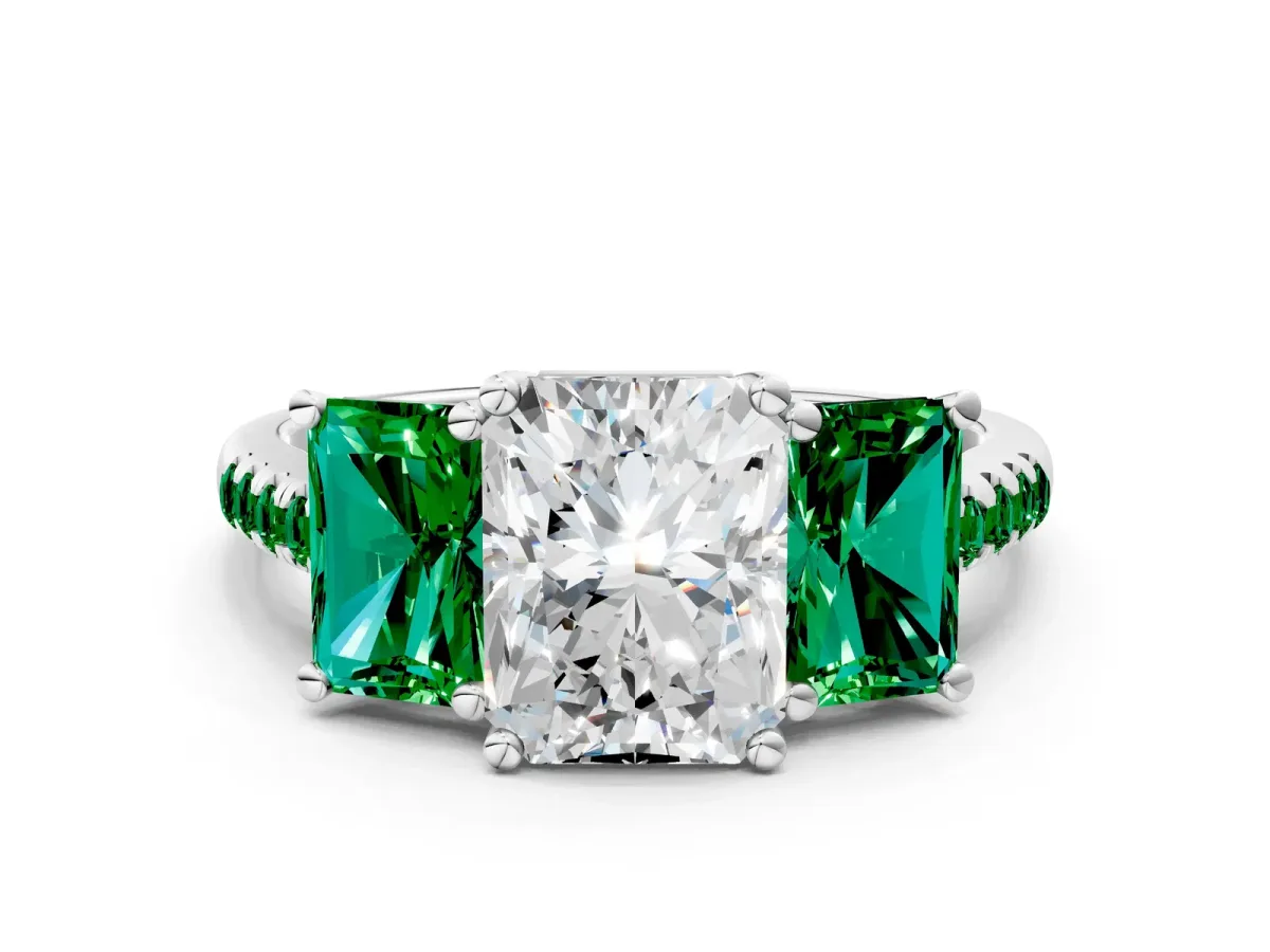 Three-Stone Radiant Cut Diamond Ring with Round Emerald Pavé Band and Prong Setting Platinum