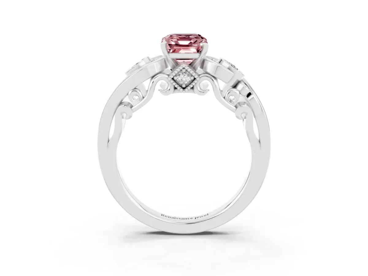 Emerald Cut Morganite Solitaire Ring with Milgrain Pavé Band and Four-Prong Setting Silver
