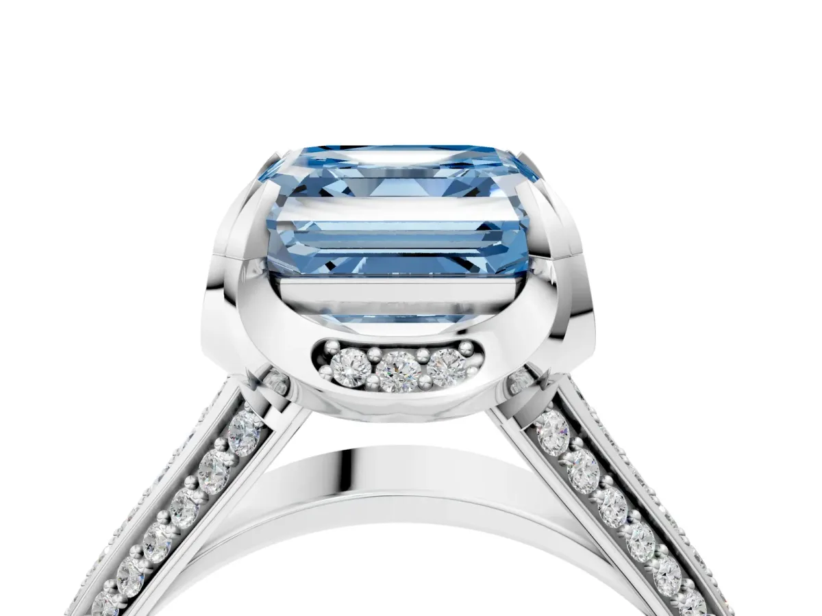 Fancy Blue Asscher Cut Solitaire Pave Split Shank Ring with Four-Prong Setting Platinum