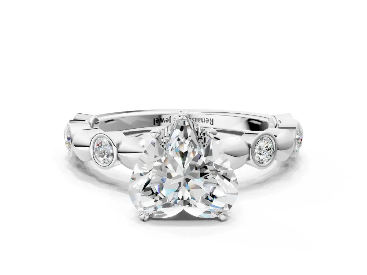 Heart Cut Solitaire Bezel-Set Diamond Ring with Beaded Band and Four-Prong Setting Silver