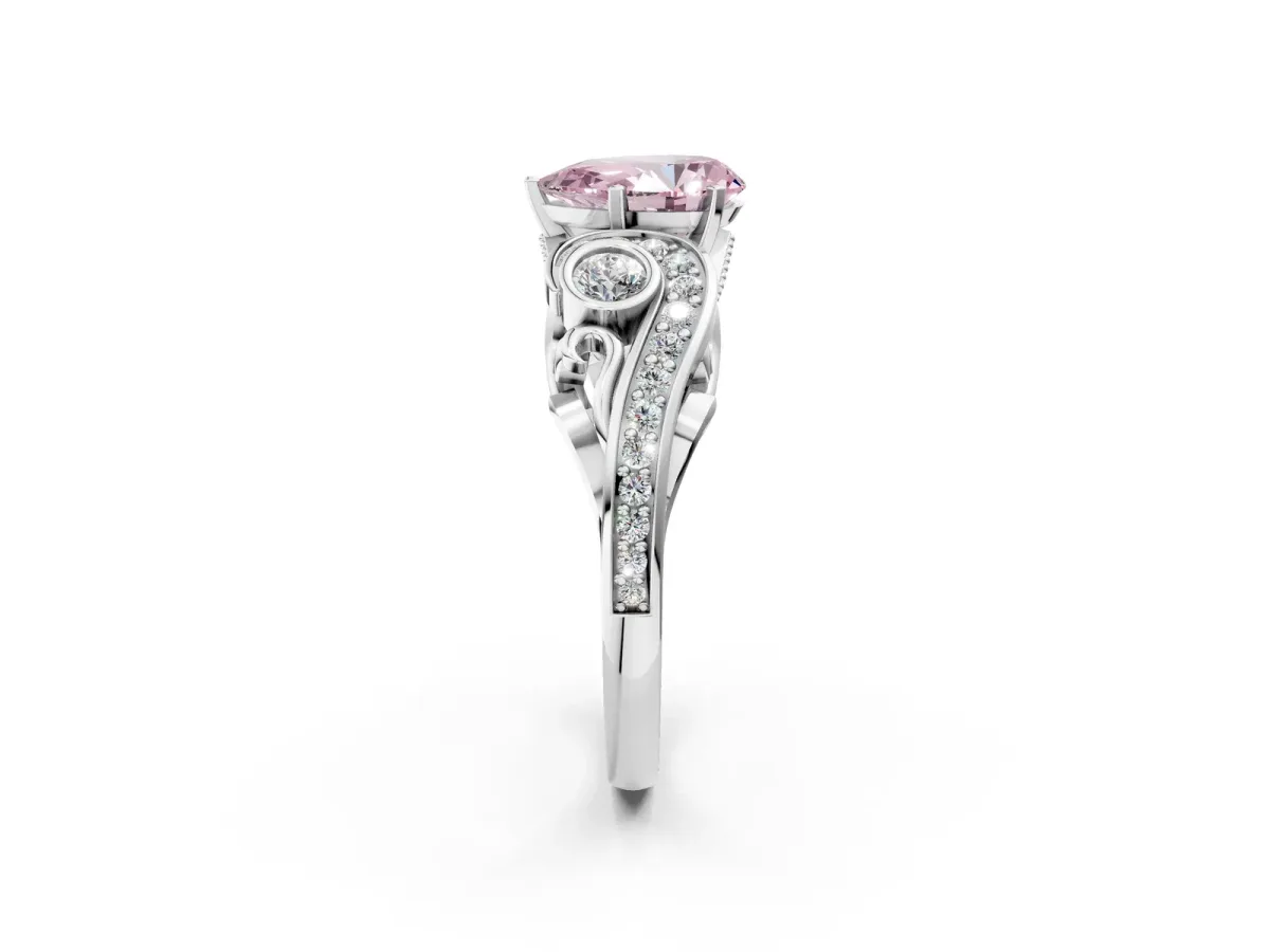 Fancy Pink Pear Cut Diamond Solitaire Ring with Milgrain Pavé Band and Four-Prong Setting Silver