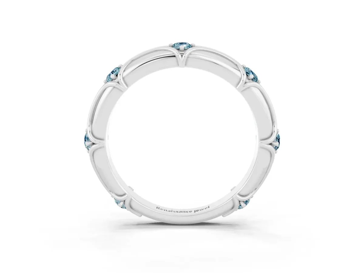 Round Aquamarine Prong Set Milgrain Eternity Band Silver