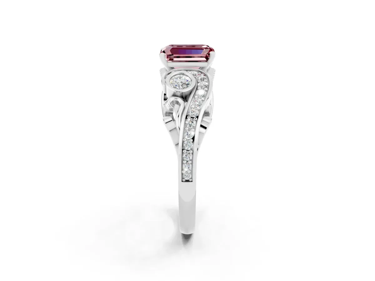 Emerald Cut Morganite Solitaire Ring with Milgrain Pavé Band and Four-Prong Setting Silver