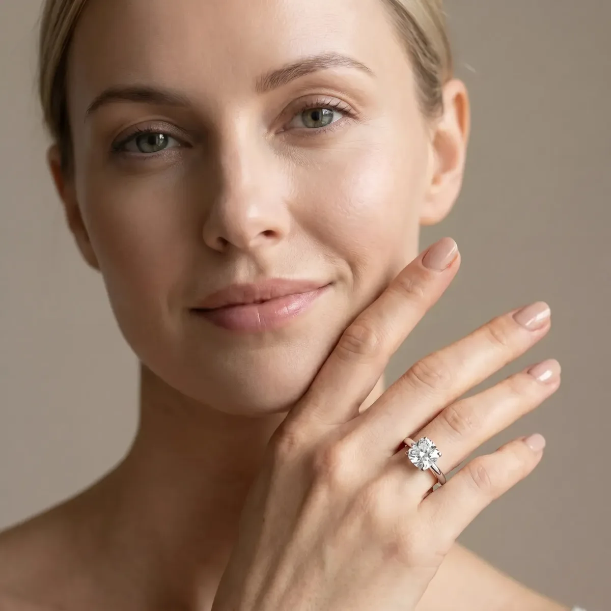 Cushion Cut Diamond Solitaire Engagement Ring with Round Band and Four-Prong Setting Silver
