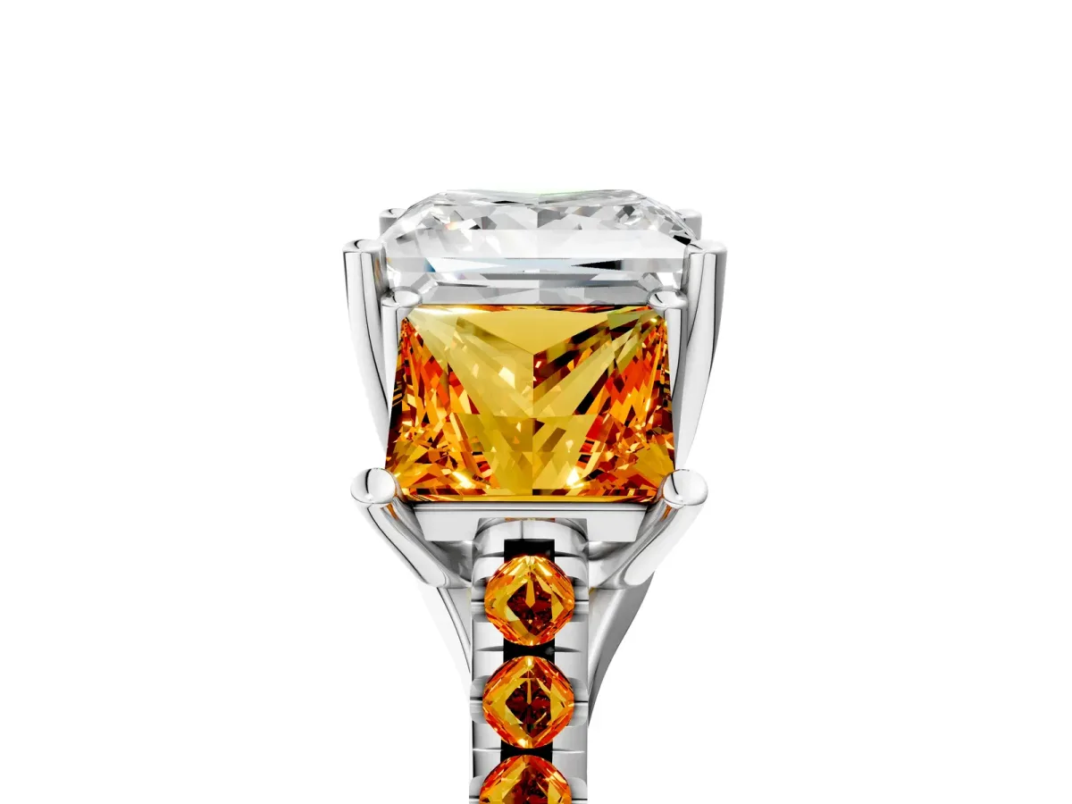 Three-Stone Princess Cut Diamond Ring with Round Citrine Pavé Band and Prong Setting Silver