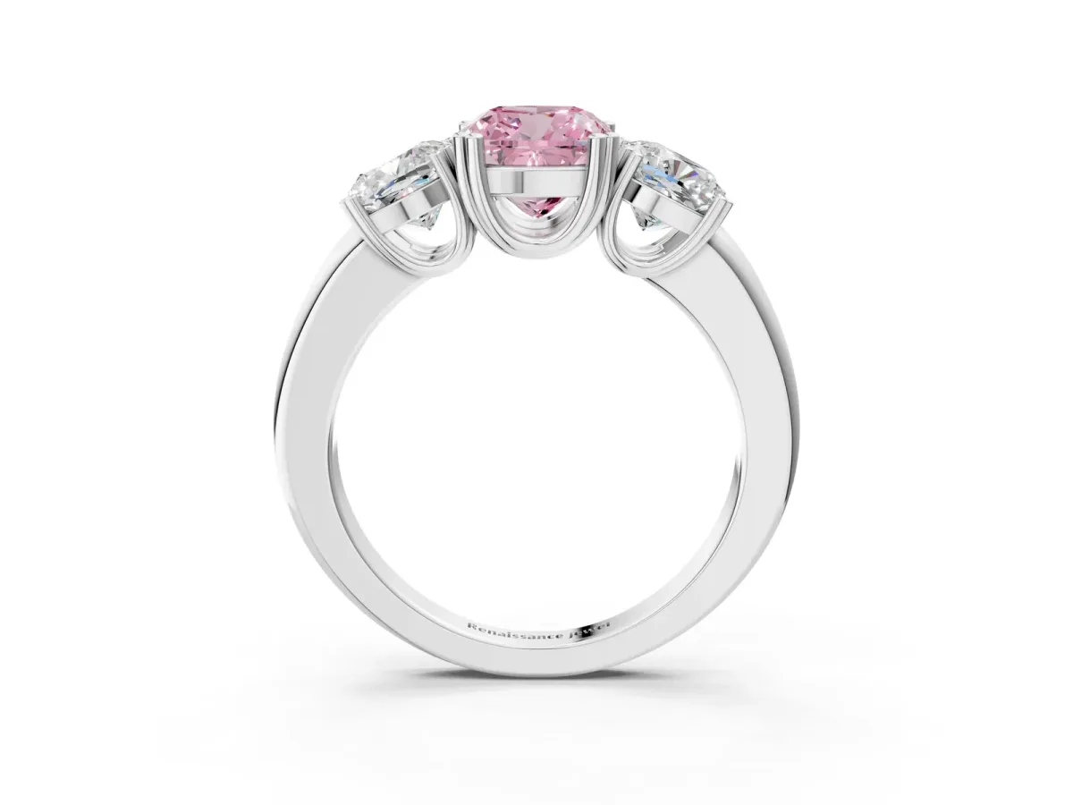 Fancy Pink Three-Stone Cushion Cut Cut Diamond Ring with Channel Set Band and Four-Prong Setting Silver