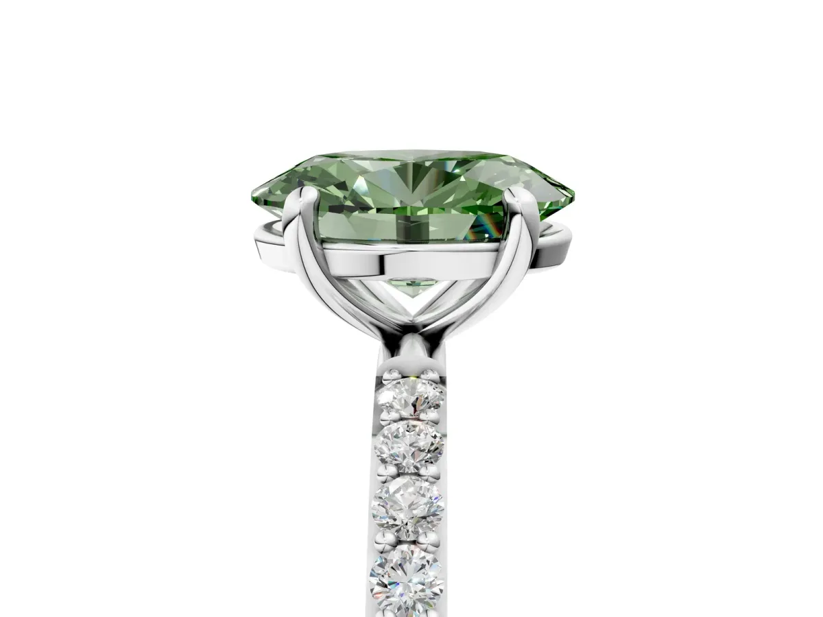 Fancy Green Oval Cut Diamond Solitaire Ring with Round Pavé Band and Prong Setting Silver