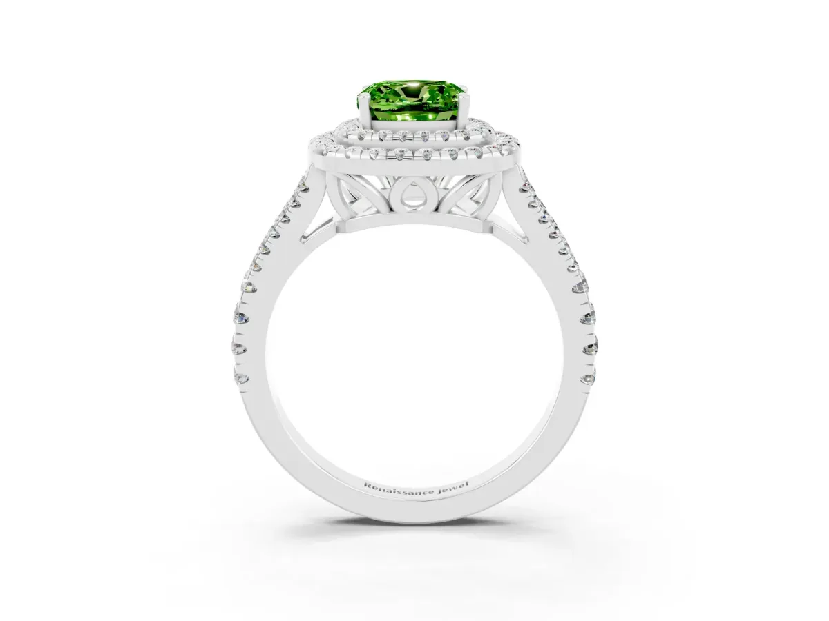 Cushion Cut Peridot Double Halo Ring with Pavé Band and Prong Setting Platinum