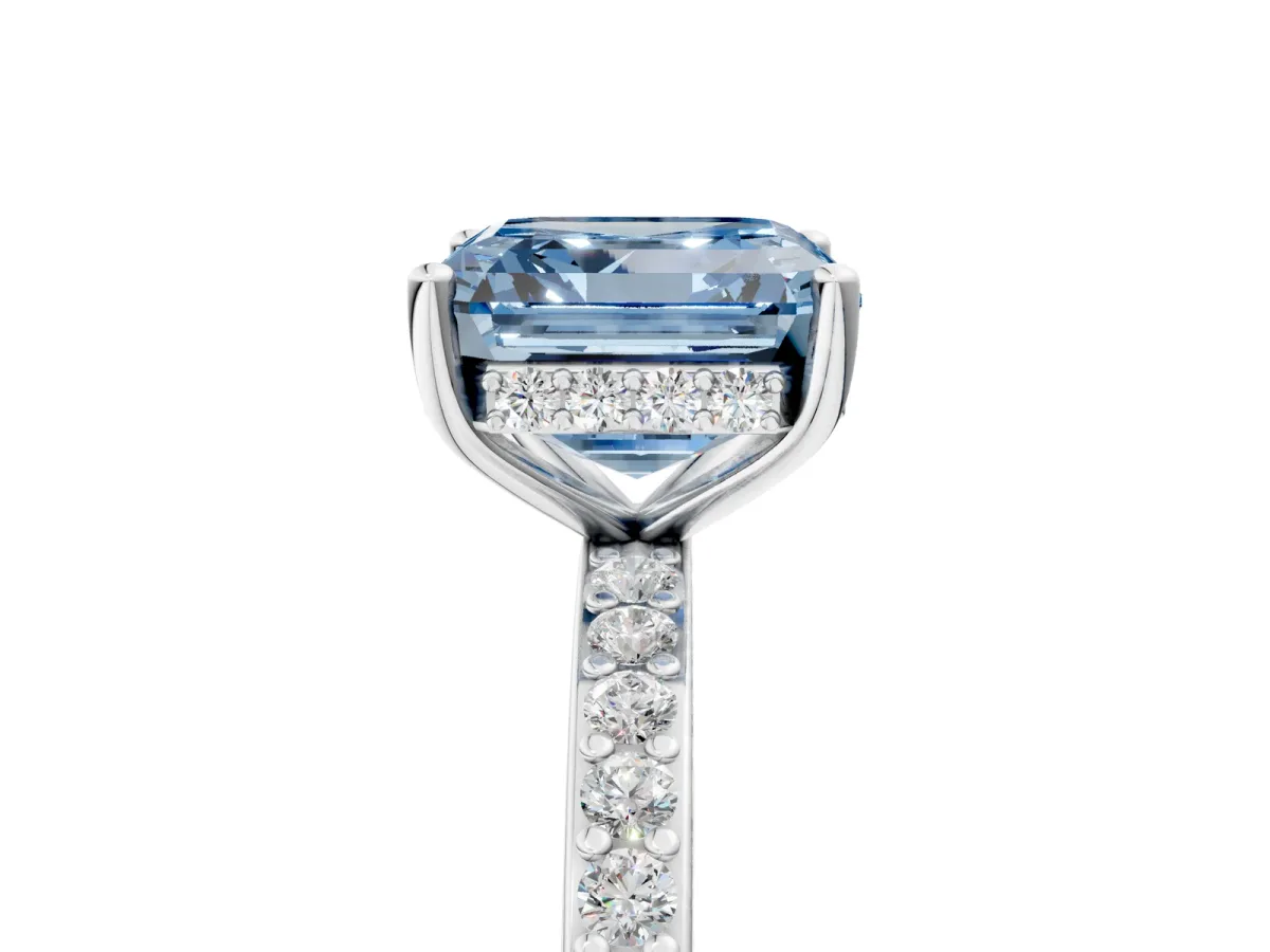 Fancy Blue Asscher Cut Cut Diamond Pavé Band Ring with Four-Prong Setting Platinum