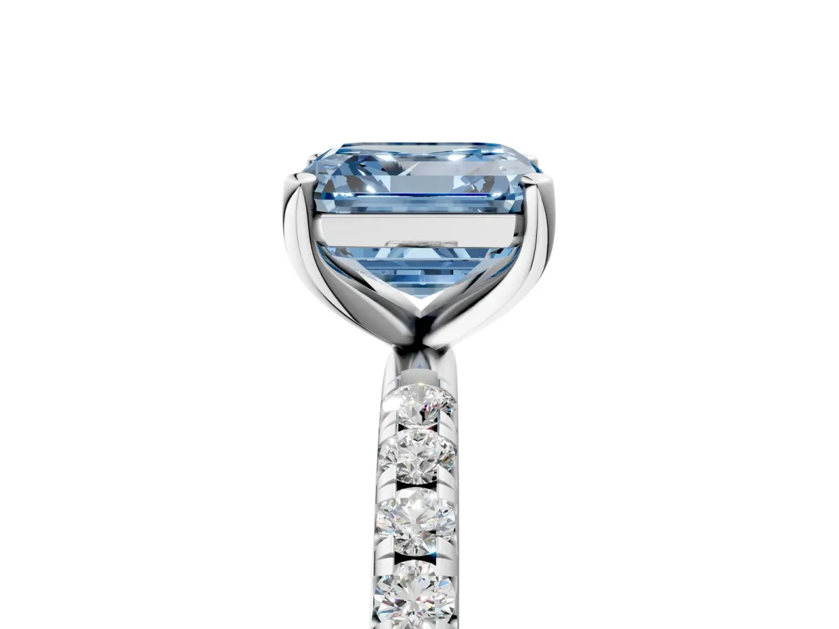 Fancy Blue Asscher Cut Cut Diamond Solitaire Ring with Micro Pave Band and Four Prong Setting Platinum