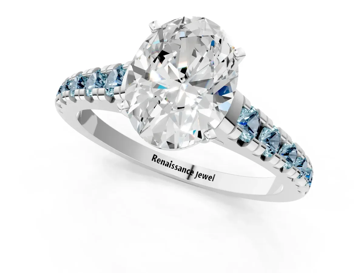 Oval Cut Diamond Cathedral Solitaire Ring with Round Aquamarine Pavé Band Silver