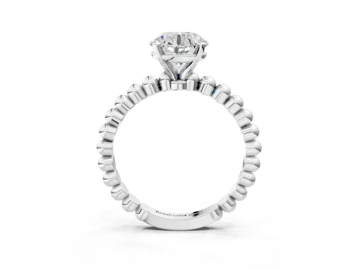 Round Cut Diamond Solitaire Ring with Beaded Band and Prong Setting White gold