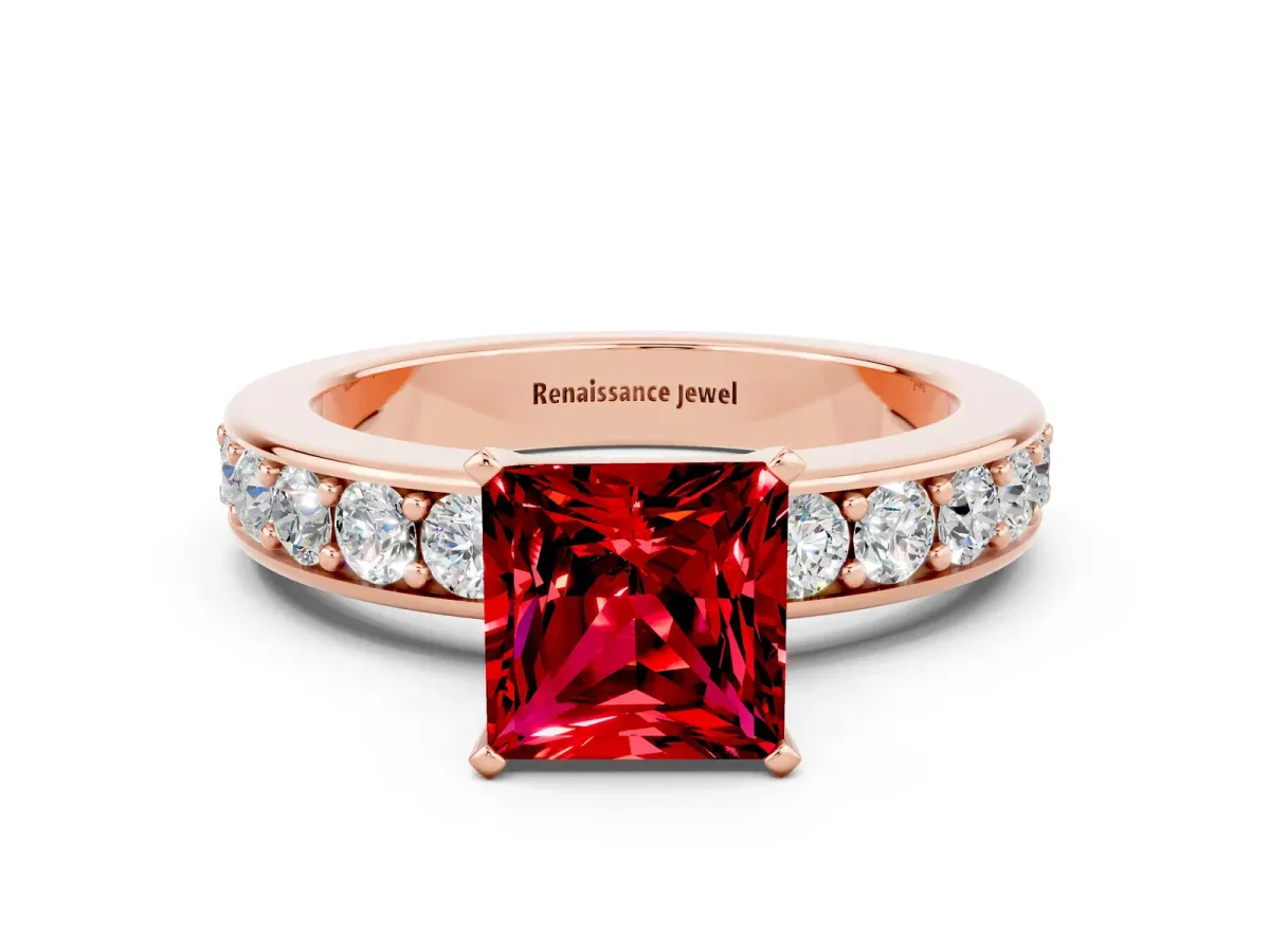 Princess Cut Ruby Engagement Ring with Channel Set Round Band and Prong Setting Rose gold