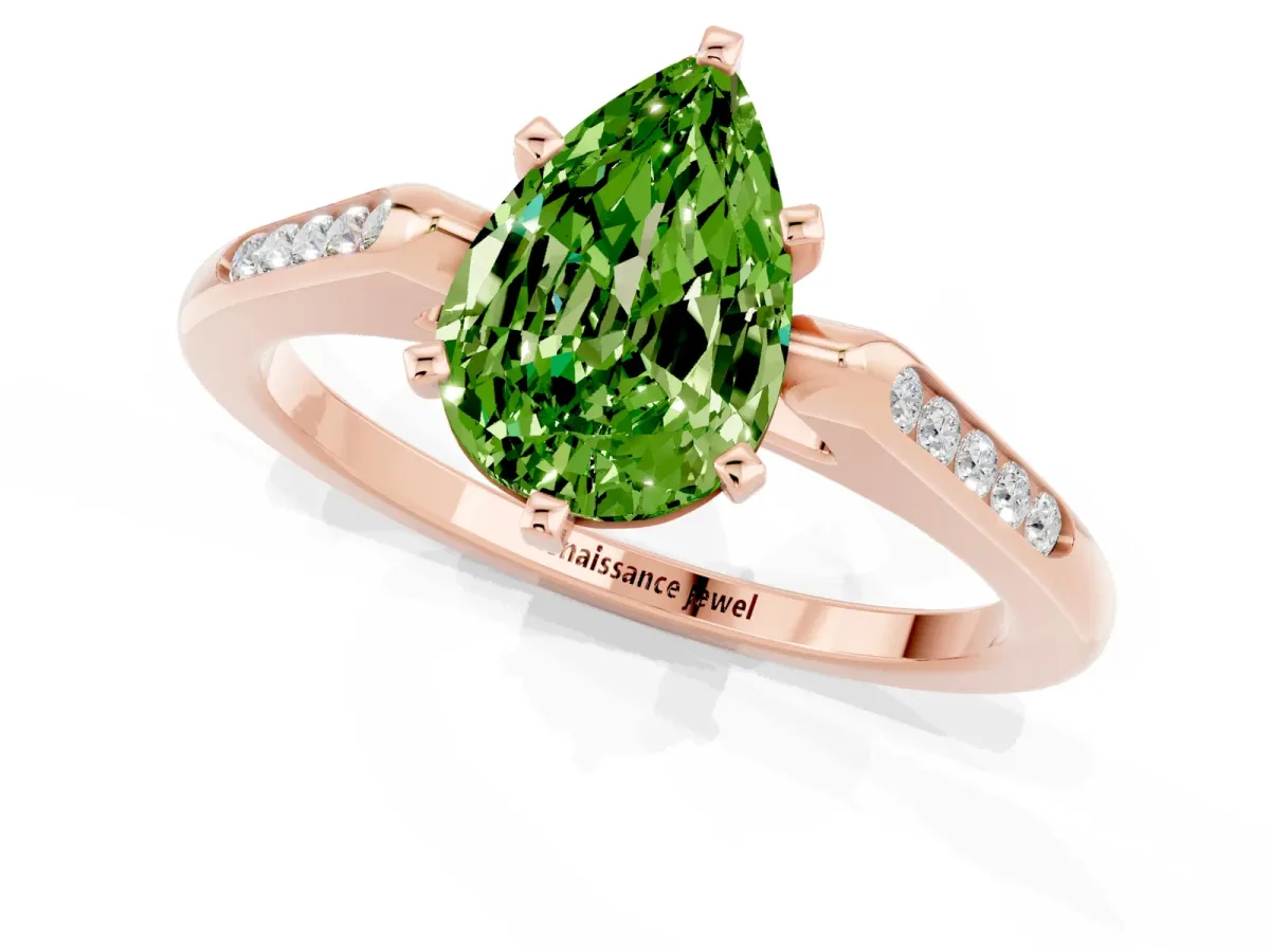 Pear Cut Peridot Solitaire Ring with Channel Set Round Band and Prong Setting Rose gold