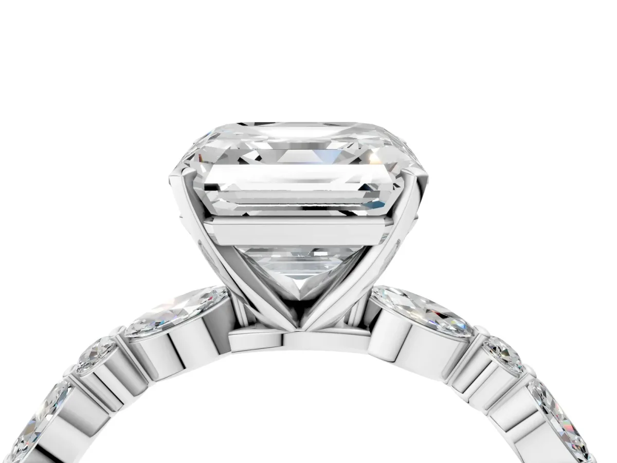 Asscher Cut Diamond Ring with Marquise and Round Side Stones and Four-Prong Setting Silver