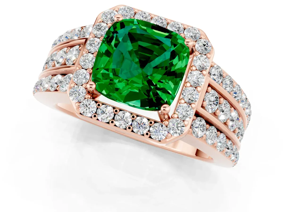 Cushion Cut Halo Emerald Ring with Round Split Shank and Prong Setting Rose gold