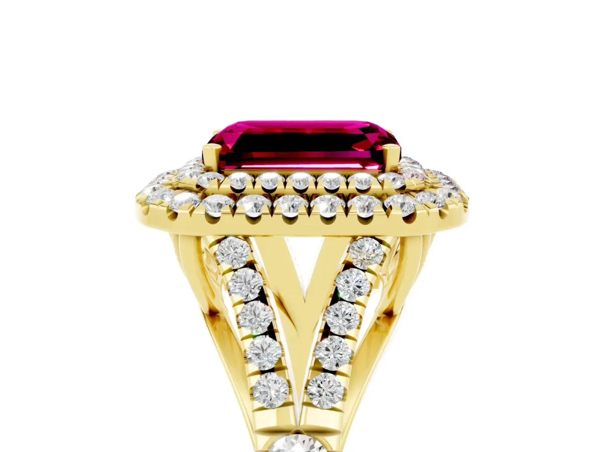 Double Halo Emerald Cut Garnet Split Shank Engagement Ring with Four-Prong Setting Yellow gold