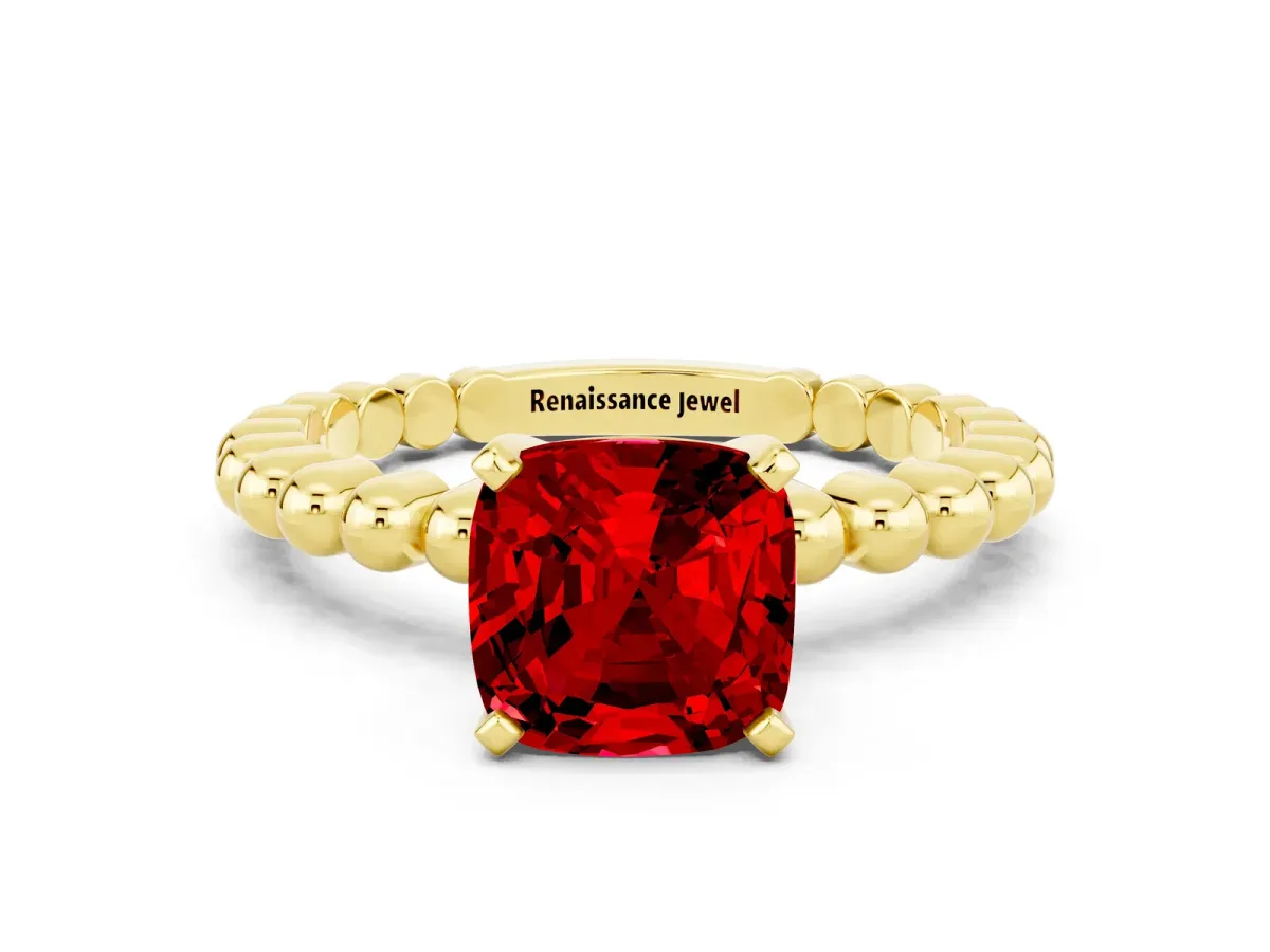 Cushion Cut Ruby Solitaire Ring with Beaded Band and Prong Setting Yellow gold