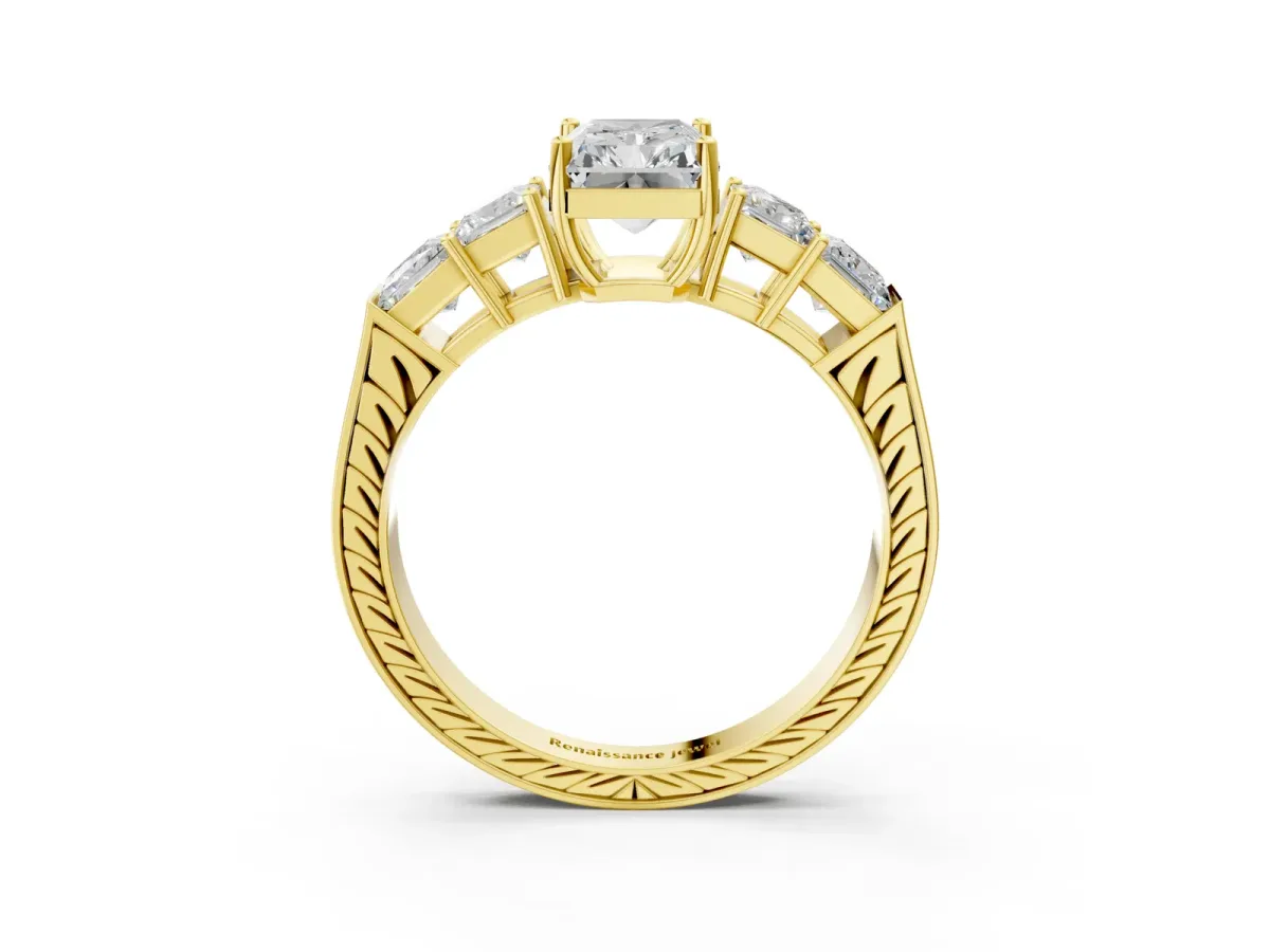 Radiant Cut Solitaire Princess Side Stone Engraved Band Prong Setting Ring Yellow gold