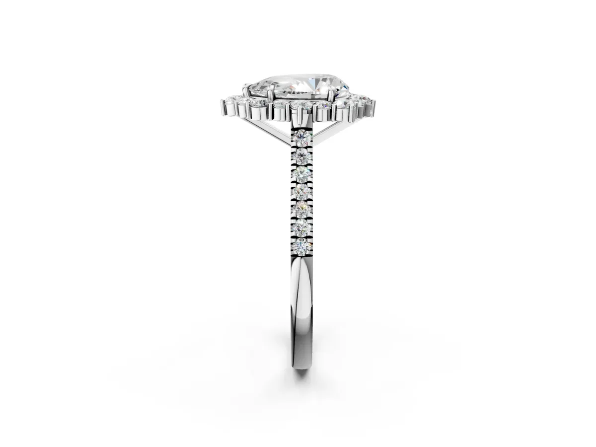 Pear Cut Halo Diamond Ring with Pavé Band and Prong Setting Silver