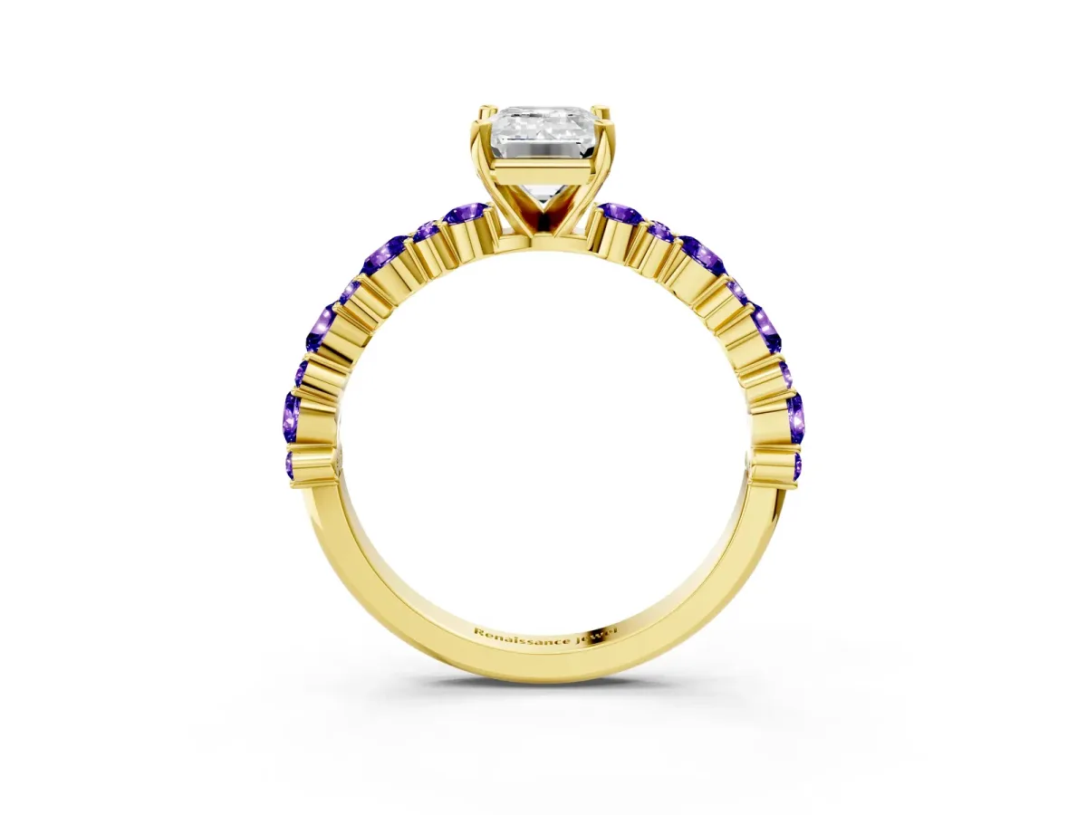 Emerald Cut Diamond Side Stone Solitaire Ring with Round Tanzanite and Four-Prong Setting Yellow gold