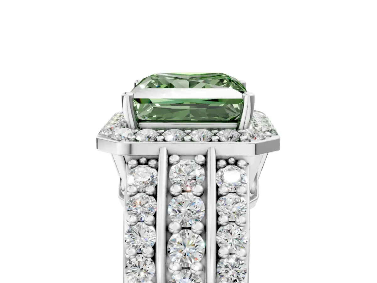 Fancy Green Princess Cut Halo Diamond Ring with Round Split Shank and Prong Setting Silver