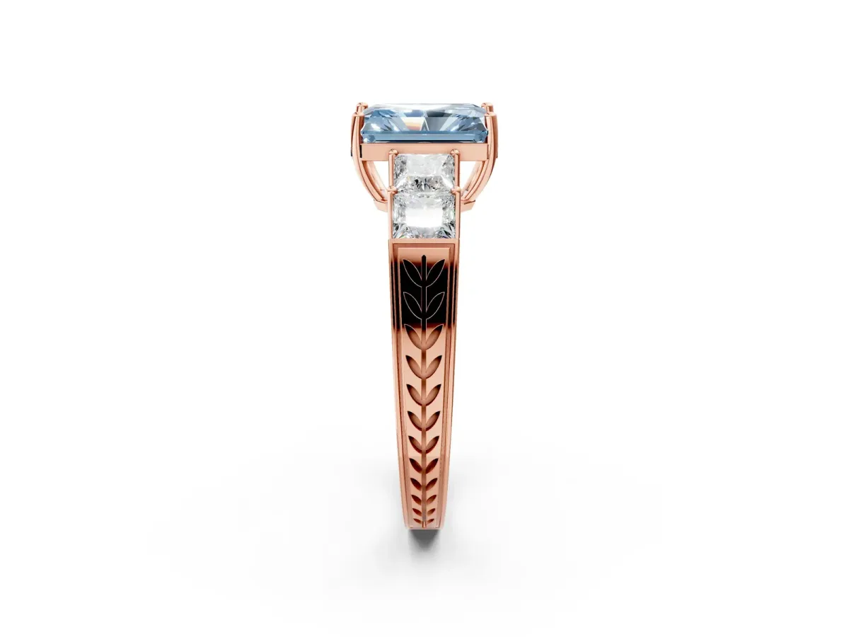 Fancy Blue Radiant Cut Solitaire Princess Side Stone Engraved Band Prong Setting Ring Rose gold