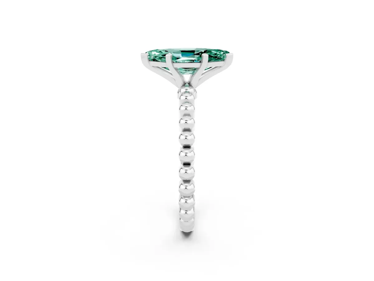 Marquise Cut Green Sapphire Solitaire Ring with Beaded Band and Prong Setting Silver