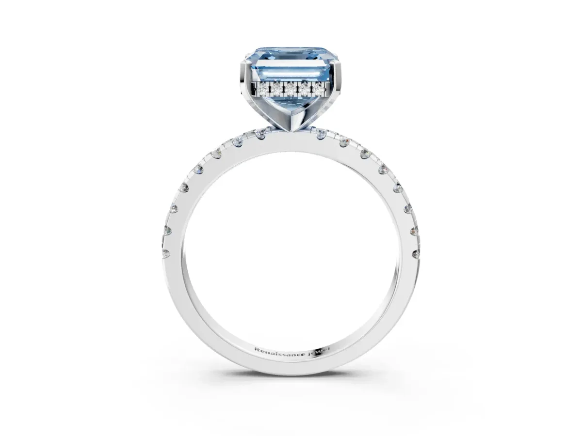 Fancy Blue Asscher Cut Diamond Solitaire Ring with Round Pavé Band and Four-Prong Setting Silver