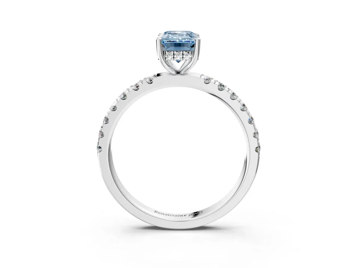 Fancy Blue Emerald Cut Diamond Pave Band Solitaire Ring with Round and Prong Setting Platinum