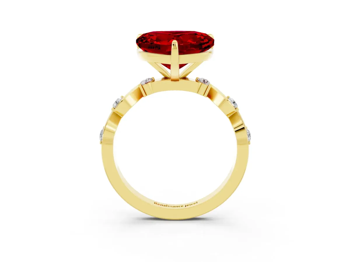 Heart Cut Ruby Solitaire Twisted Band with Round Accents and Prong Setting Yellow gold