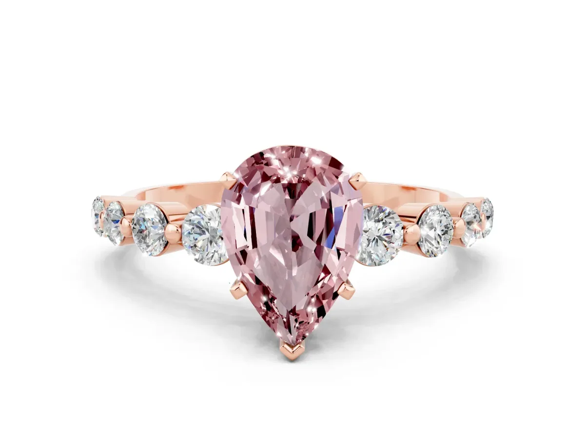 Pear Cut Solitaire Morganite Ring with Pave Band and Four-Prong Setting Rose gold