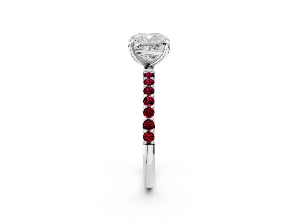 Cushion Cut Diamond Solitaire Ring with Round Garnet Pavé Band and Prong Setting Silver