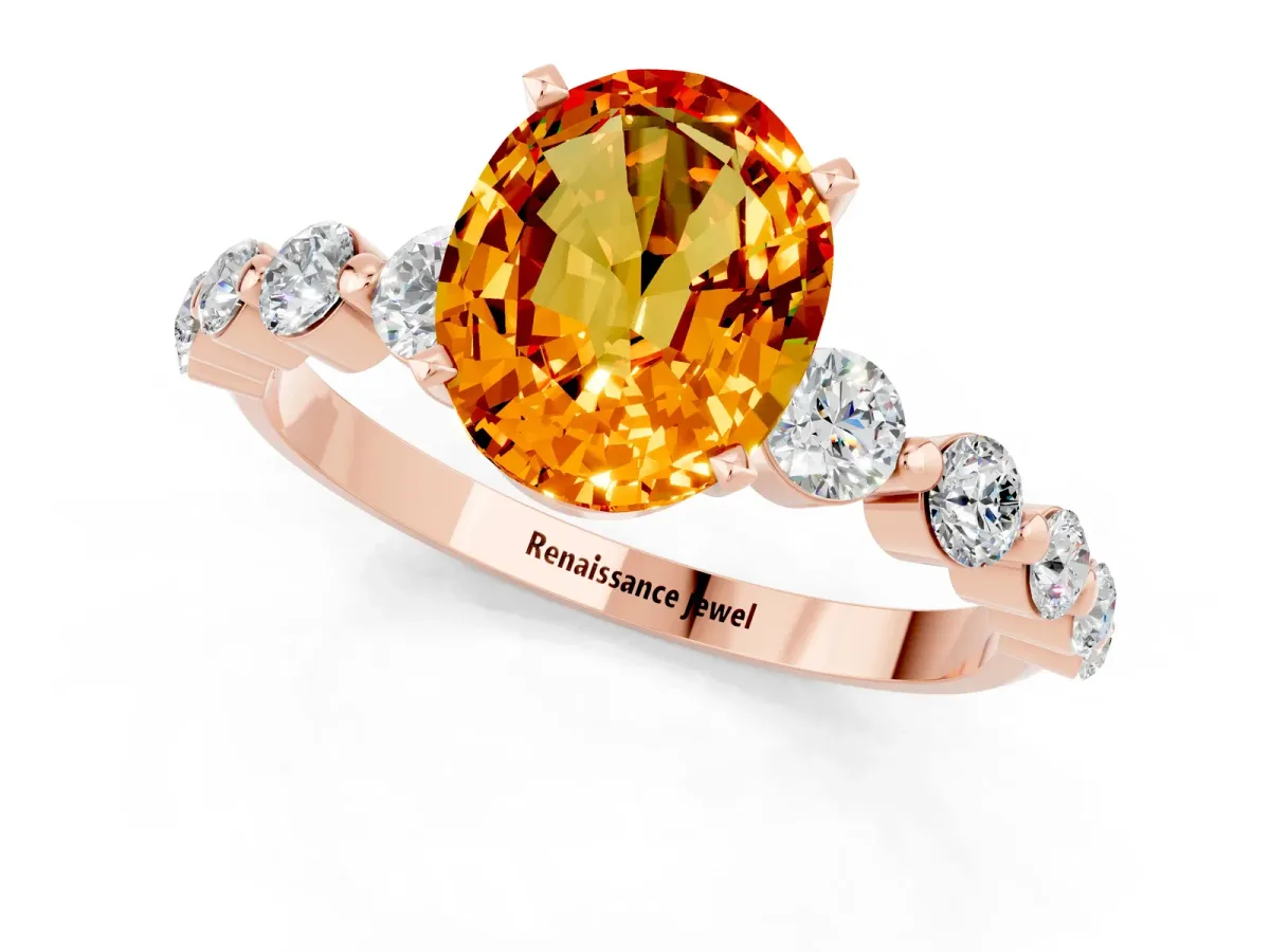Oval Cut Solitaire Citrine Ring with Pave Band and Four-Prong Setting Rose gold