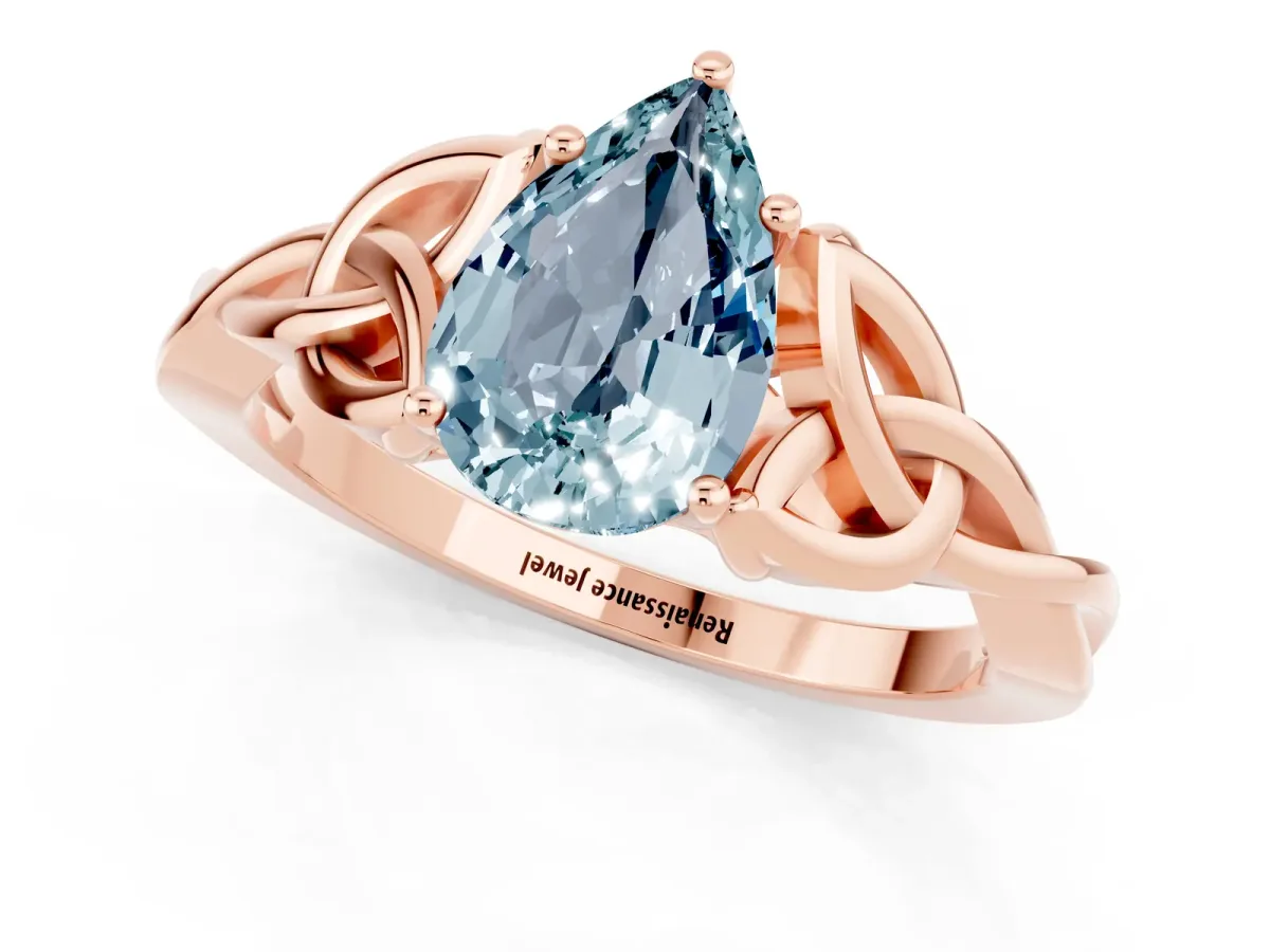 Pear Cut Aquamarine Solitaire Celtic Knot Ring with Four-Prong Setting Rose gold