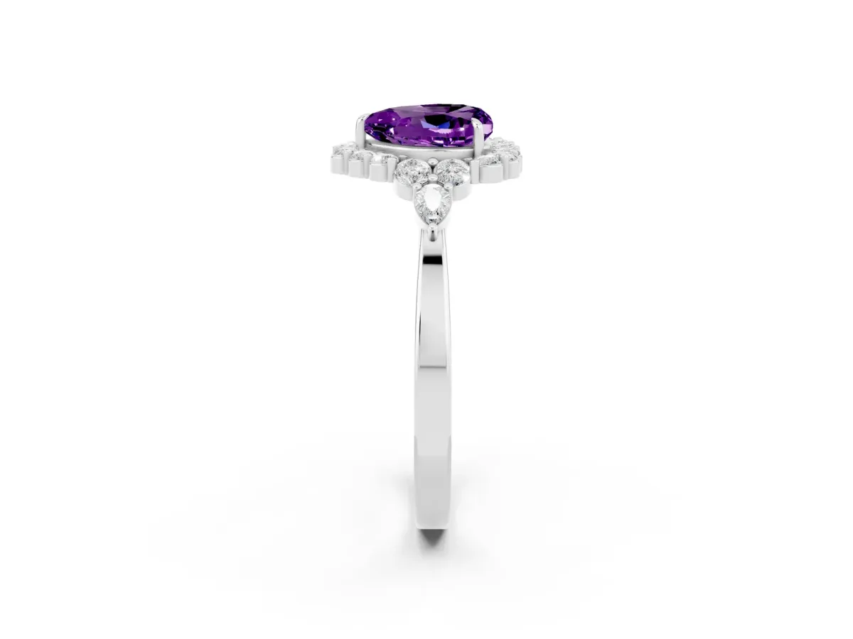 Heart Cut Amethyst Halo Ring with Pear Side Stones and Prong Setting Silver