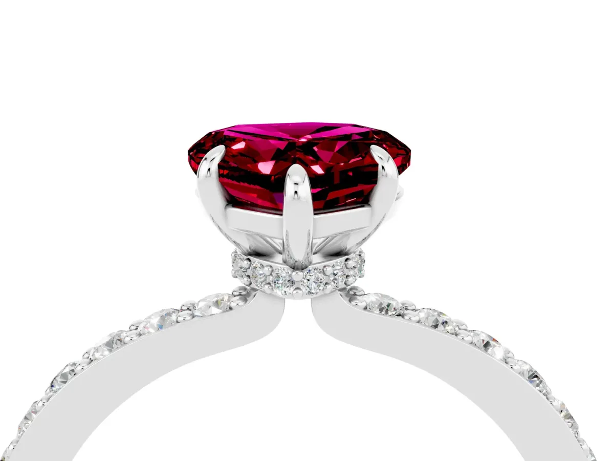 Heart Cut Garnet Solitaire Engagement Ring with Pavé Band and Four-Prong Setting Silver