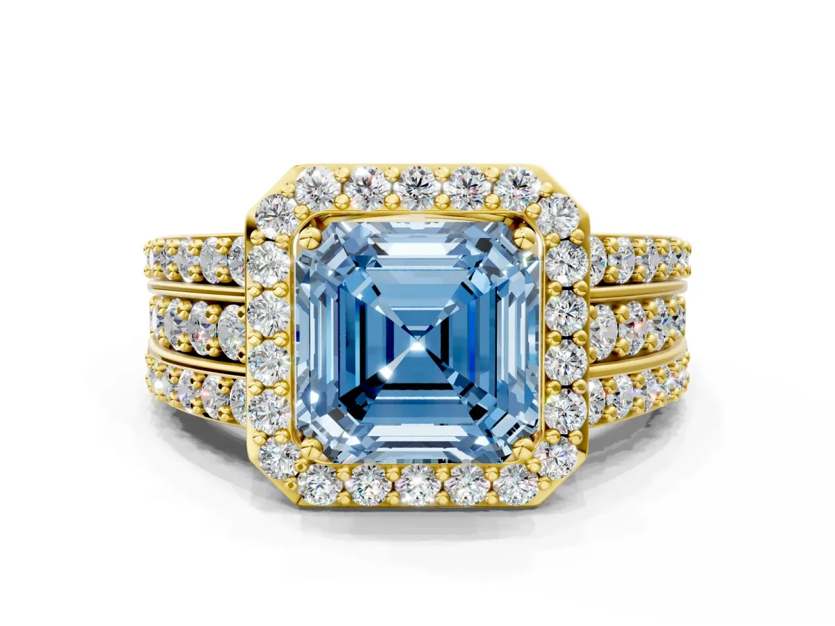 Fancy Blue Asscher Cut Halo Diamond Ring with Round Split Shank and Prong Setting Yellow gold