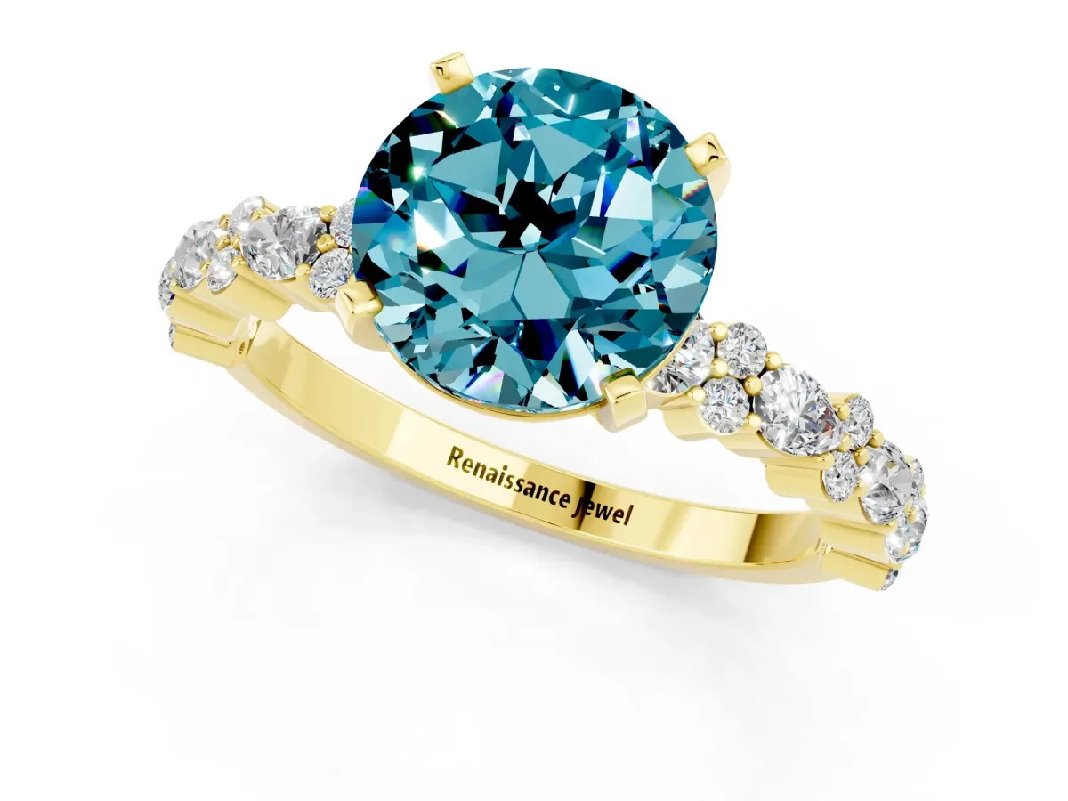 Round Cut Blue Topaz Side Stone Solitaire Ring with Round and Four-Prong Setting Yellow gold