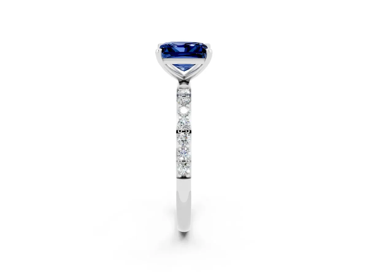 Princess Cut Blue Sapphire Solitaire Ring with Round Pavé Band and Prong Setting Silver