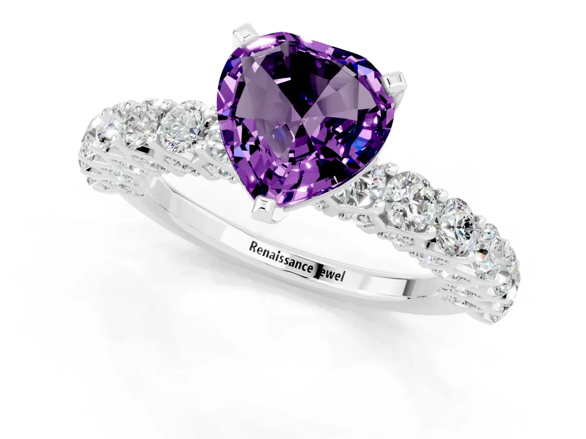 Heart Cut Amethyst Solitaire Ring with Shared Prong Pavé Band and Four-Prong Setting Silver