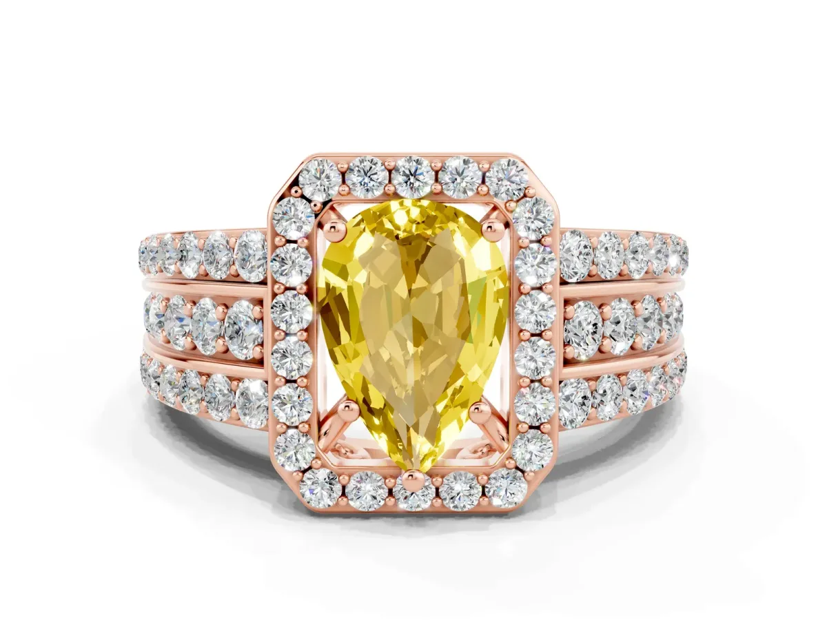 Pear Cut Halo Yellow Sapphire Ring with Round Split Shank and Prong Setting Rose gold