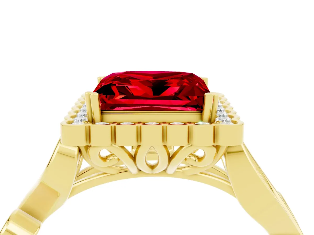 Princess Cut Ruby Halo Ring with Vintage Split Shank and Four-Prong Setting Yellow gold