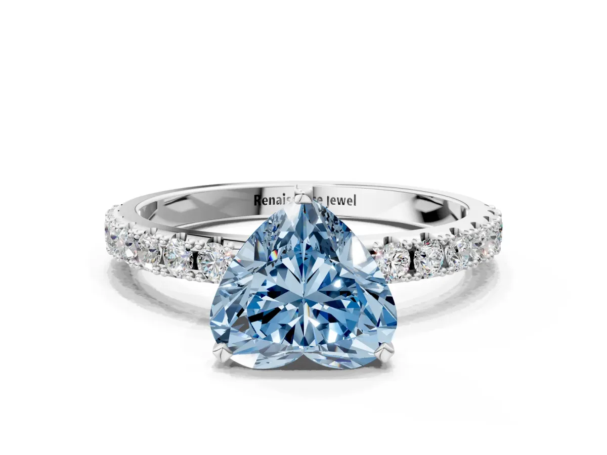 Fancy Blue Heart Cut Diamond Solitaire Pavé Band with Four-Prong Setting Silver