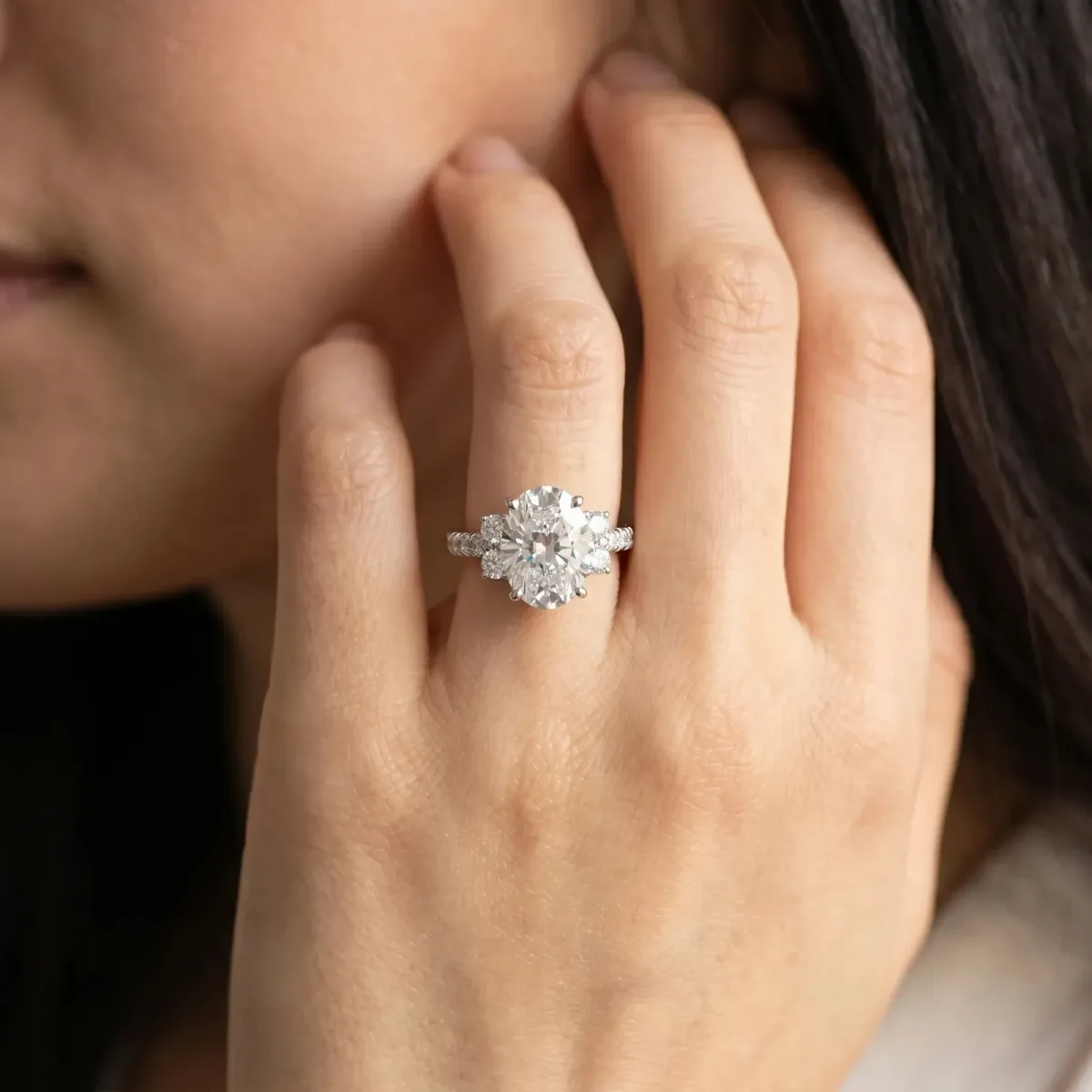 Oval Cut Diamond Three-Stone Pave Band with Four-Prong Setting Silver