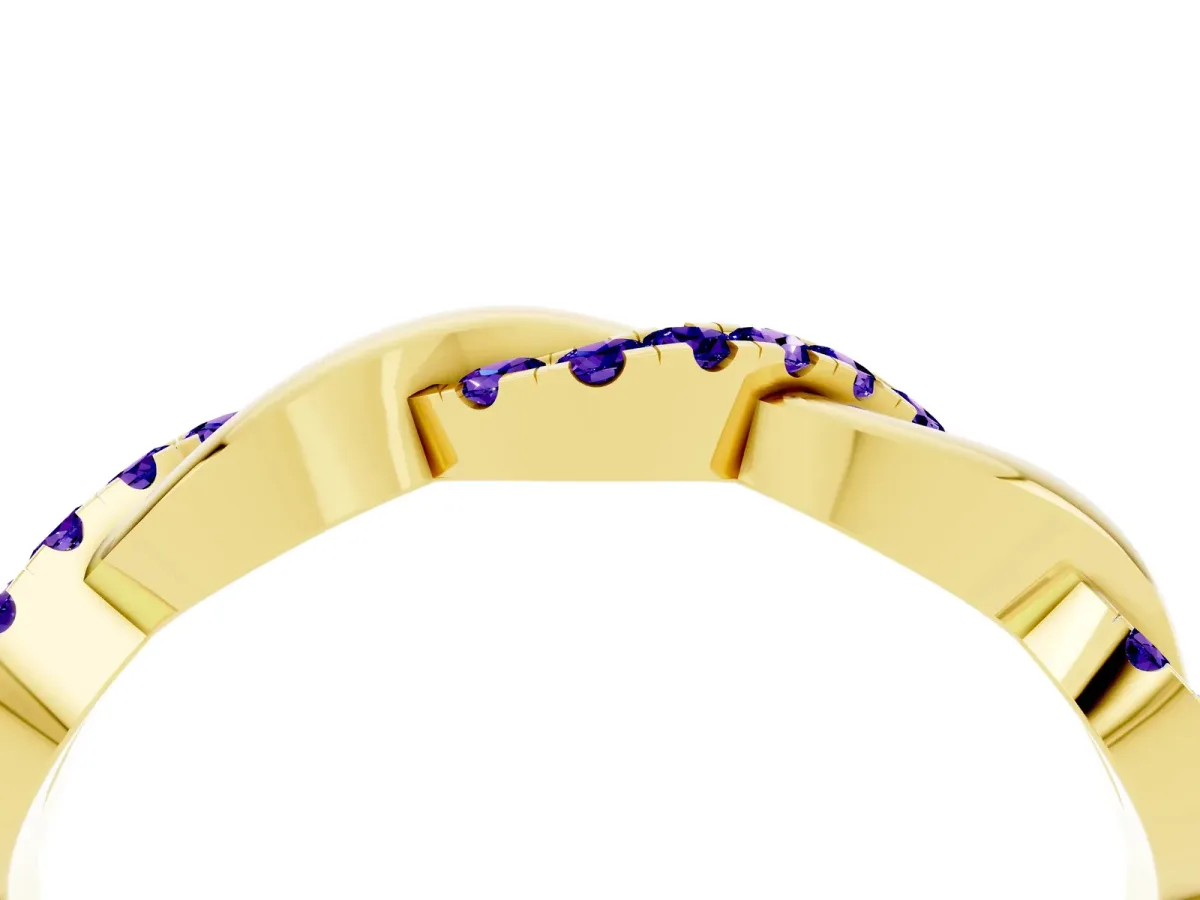 Pavé Round Tanzanite Twist Eternity Band with Shared Prong Setting Yellow gold