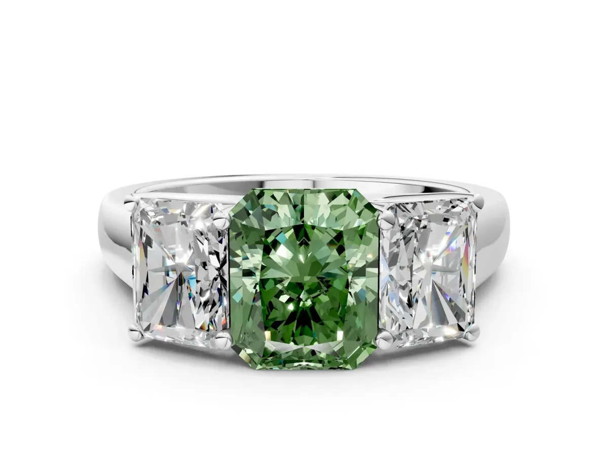 Fancy Green Radiant Cut Three-Stone Diamond Ring with Prong Setting on a Classic Band Platinum